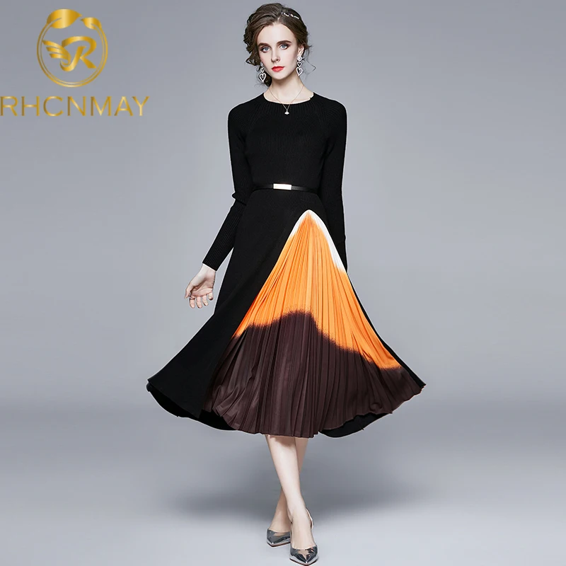 

Catwalk Fashion Retro Knitting Long Sleeve Loose Splicing Gradients Pleated skirt length Dress 2020 Spring Fall Women