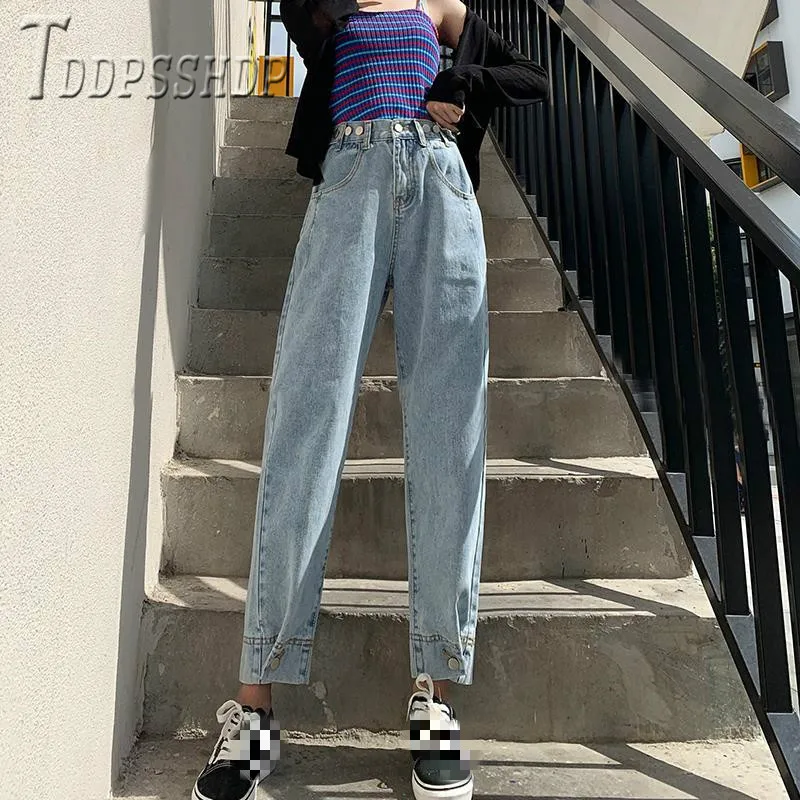 

2019 High Waist Slim Women Cargo Jeans Fashion Loose Female Denim Trousers