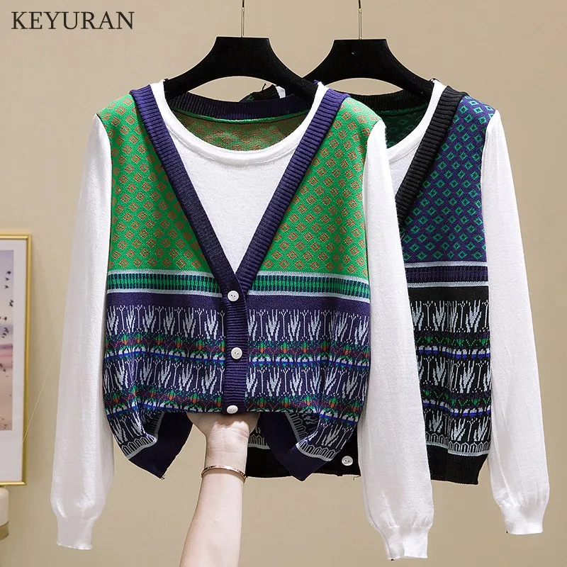 

Woman Sweater Fake Two Piece Patchwork Loose Elegant Long Sleeve Pullover Sweater Women Casual Preppy Button Knitted Tops Female