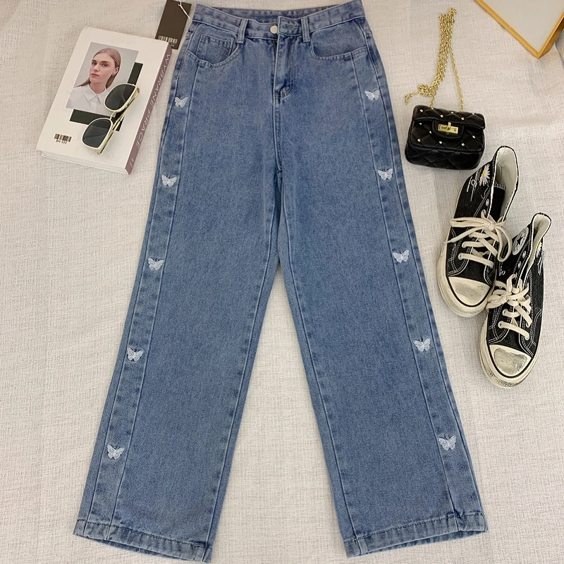 

Straight Jeans Women's New Handmade Butterfly Embroidery High Waist Slimming Soft Washed Cotton Wild Loose Casual Wide-Leg Pants