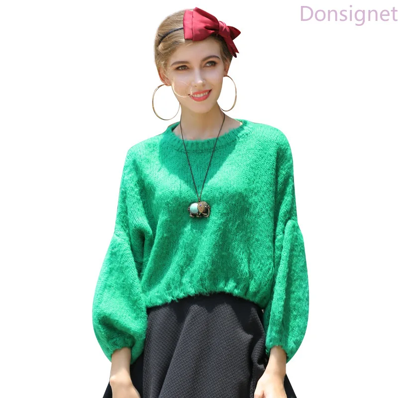 

Donsignet Women's Sweater New Fashion Round Neck Pullover Solid Color Puff Sleeve Knitted Long Sleeve Sweater Women's clothing