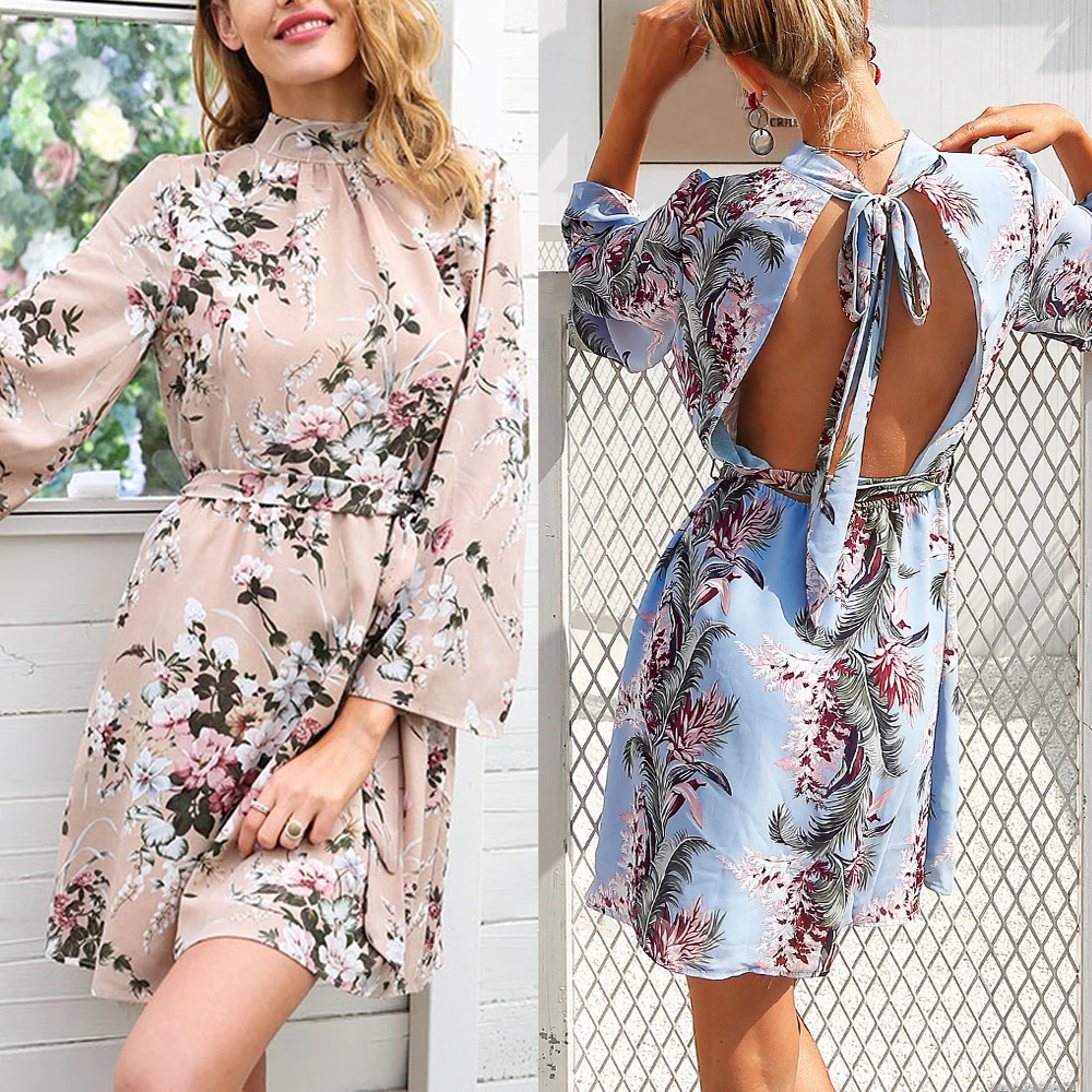 Женское шифоновое платье трапеция с открытой спиной и расклешенными