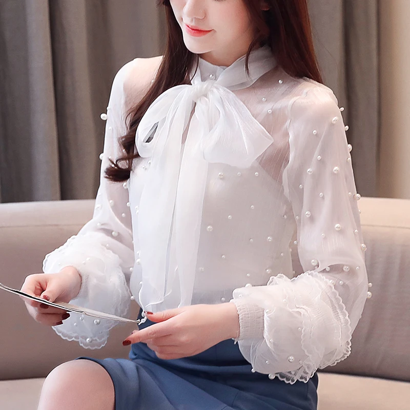 2021 новые женские рубашки шифон фонарь рукав Топ 2019 Весна сеточкой белого цвета с