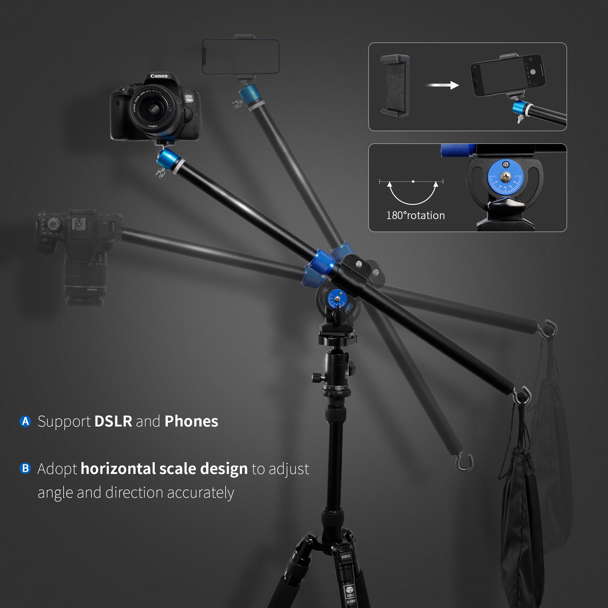 CM80 Camera Smartphone Overhead Mount Stand Adjustable 30" Pole Tripod Extension Arm with Ball Head center column | Электроника