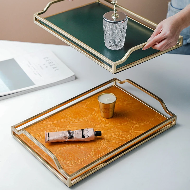 

Iron Frame Leather Trays Decorative Rectangular Household Simple Snacks Hotel Service Tray Restaurant Plateau Decoratif Trays