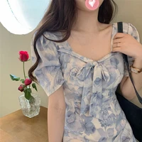 retro oil painting dress female 2021 summer new french style fashion waist slimming temperament light cooked wind floral dress