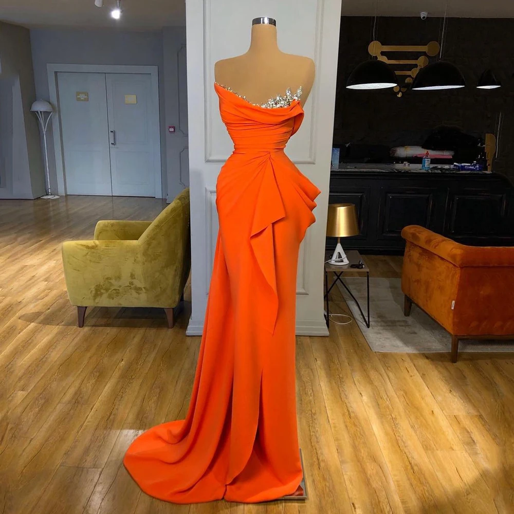 Sexy Orange Mermaid Evening Dress V Neck Sleeveless Beaded Pleat Sweep Train Celebrity Gowns Formal Party Dresses