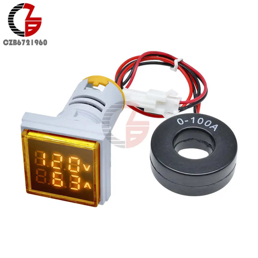 Yellow 22 мм AC 50-500 В 0-100A светодиодный цифровой вольтметр Амперметр квадратное напряжение измеритель тока детектор напряжения Тестер монитор 220 В 110 В - Цвет: Yellow
