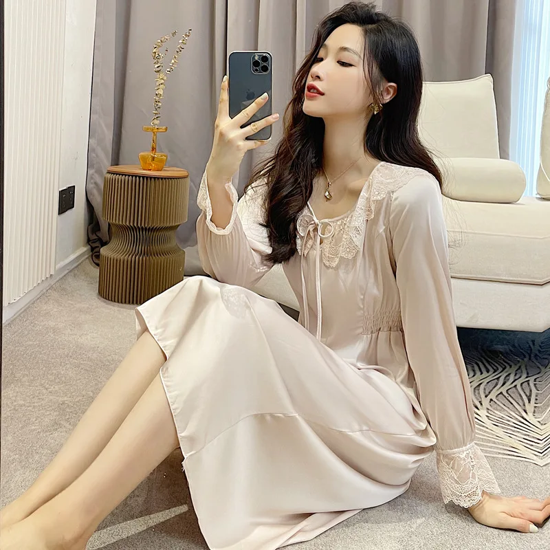 Fdfklak Summer New Sexy Nightgown Satin Long Sleep Dress For Women 2022 Spring Thin Lace Lingerie Loose Sleepwear Homewear