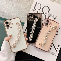 luxury phone case crystal pearl chain for iphone 13 12 pro max 11 7 8 plus xr xs max se2020 shockproof soft rubber glossy cover
