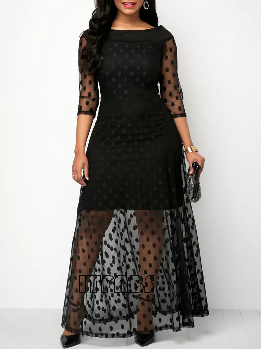 Женское Сетчатое Черное длинное платье в горошек летние Макси-платья с открытыми