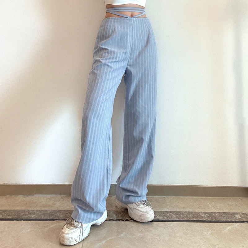 

Waatfaak Striped Printed High Waist Straight Leg Pants Baggy Bandage Trousers Women Korean Vintage Black Joggers Autumn 90S 2021