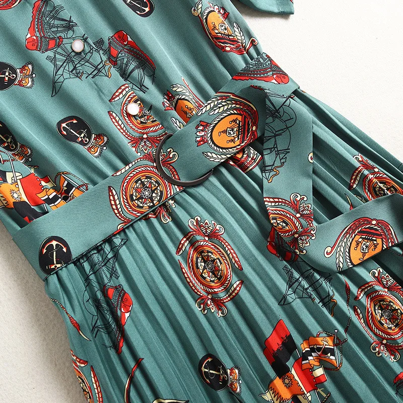 

Women Fashion Short Sleeve Print Vintage Summer Dress Festa Elegant Designers Turn Down Collar Pleated Robe Femme Casual Vestido