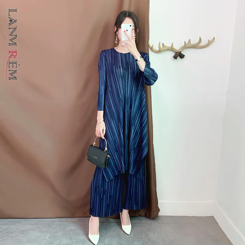 LANMREM 2023 New  Pleated Long sleeve Shirt With Wide Legs Pants Two Pieces Set For Women Elegant Fold Clothing WJ263