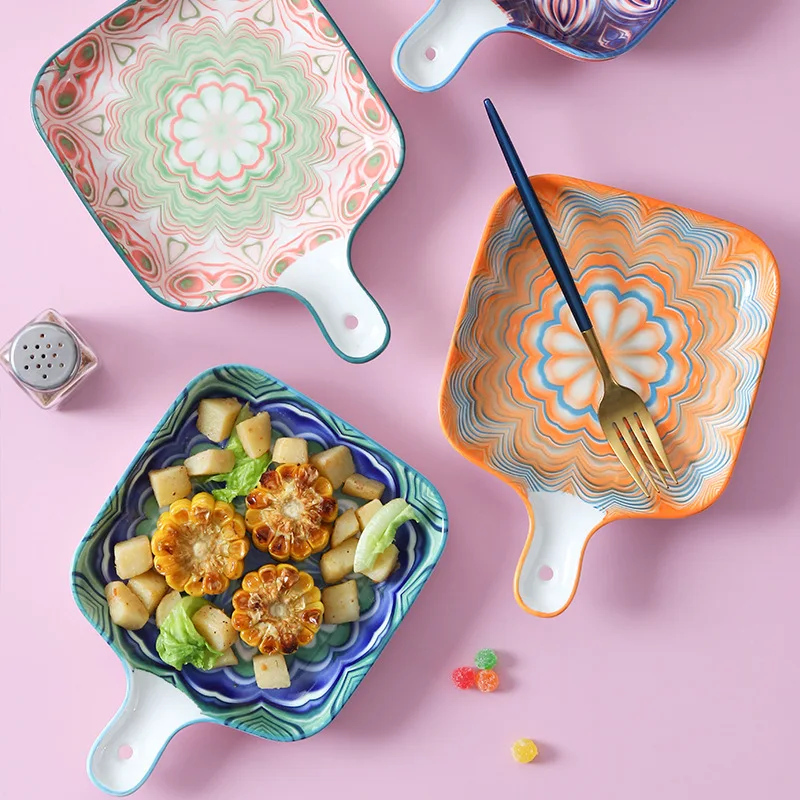 

1PC Creative Handle Plate Tableware Plate Dish Dish Nordic Red Steak Plate Western Food With Home Ceramic Net