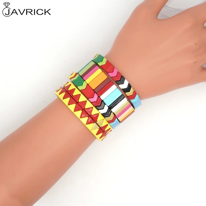 

6Pcs Bohemian Elastic Stretch Colorful Tile Enamel Rectangle Bracelet Stackable Enamel Rainbow Charm Bracelet Jewelry