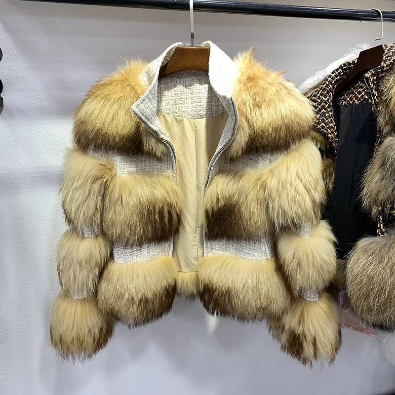 rf1930 Promotion Luxury Full Pelt Natural Raccoon Fur Striped Coat Women Zipper Long Sleeve Winter Real Fur Jacket