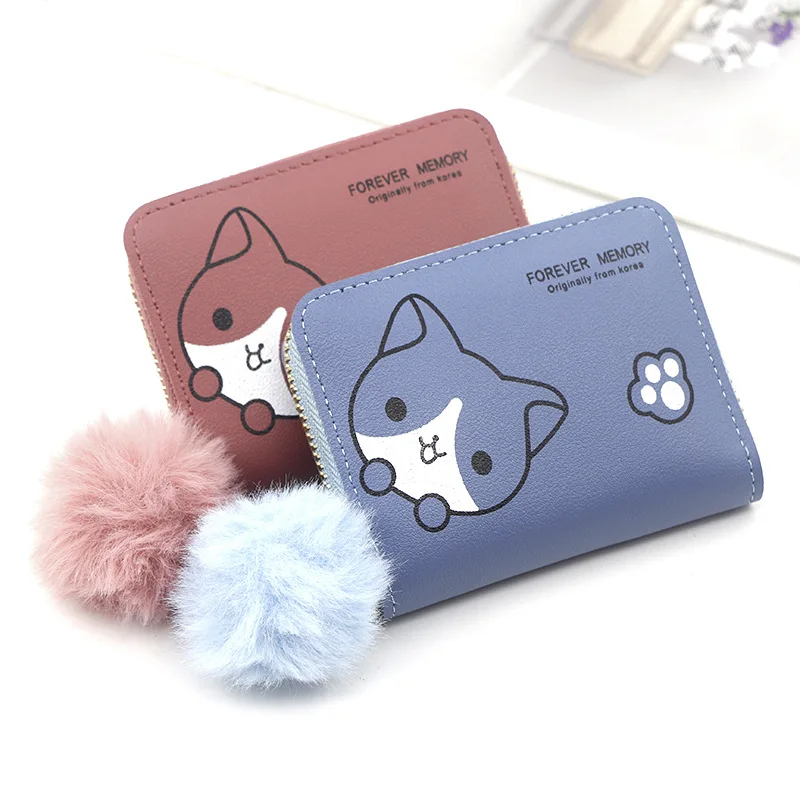 

Women Wallet Cat Pattern Coin Purses Female Solid Color Phone Bag With Hair Ball Cute Wholesale Korean Bus Card Credit Card Bag