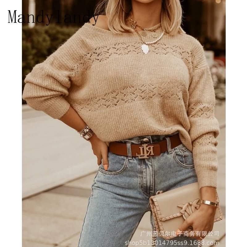

Mandylandy Sweater Autumn Long Sleeve O-Neck Off-Shoulder Solid Color Sweater Women's Casual Loose Pullover Knitted Sweater