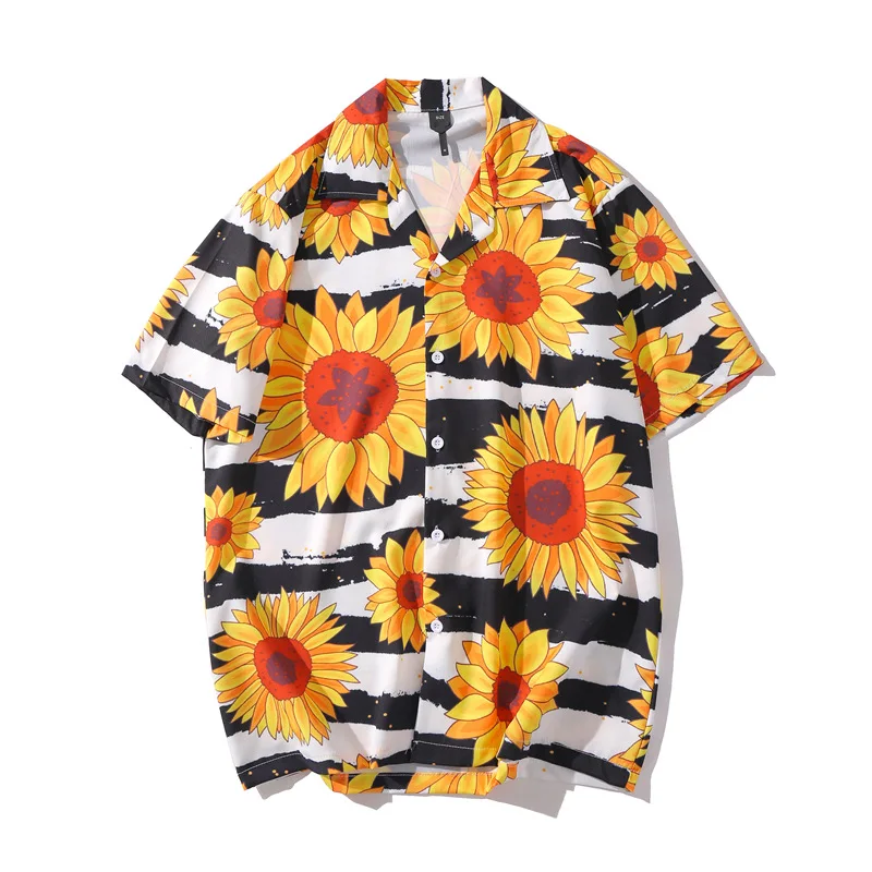 

Dropshipping Sunflower Print Stripe Hawaiian Beach Aloha Shirts Fashion Hipster Summer Casual Short Sleeve Soft Shirt Tops Men