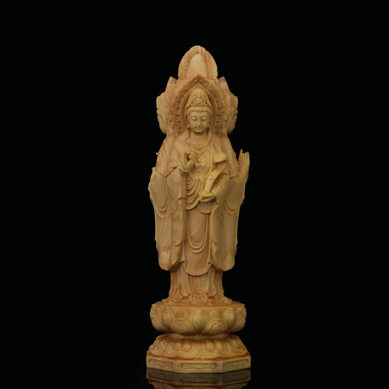 Скульптура Гуаньинь из бокса 20 см деревянная статуя Будды три лица Гуань Инь с