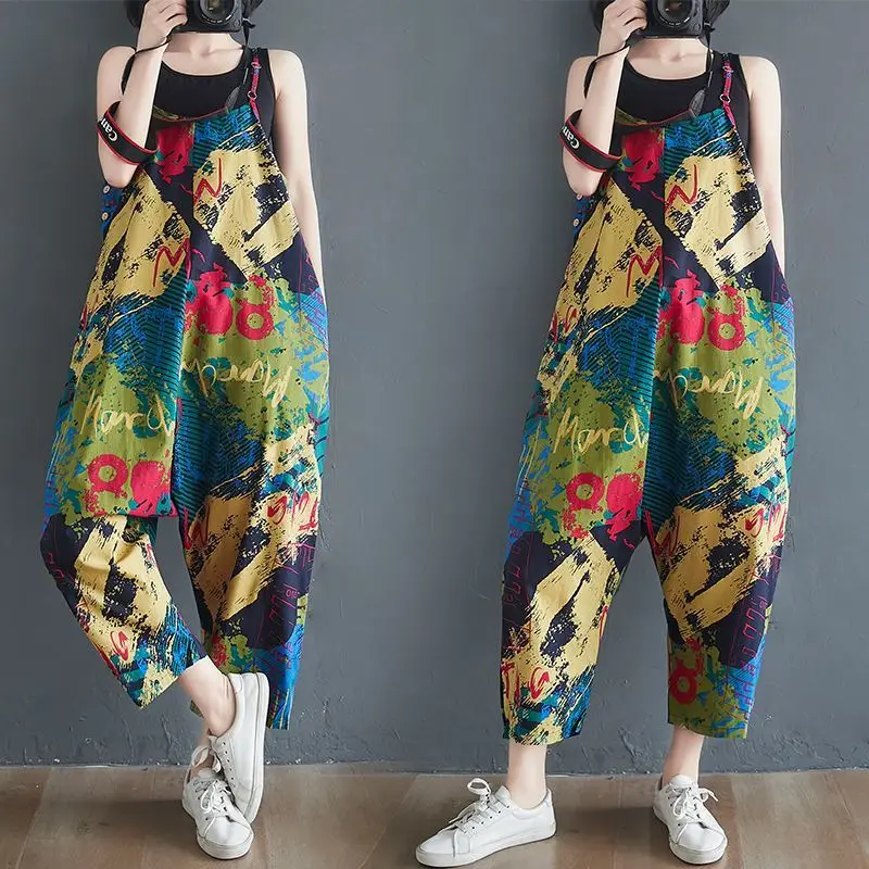 

2021 Summer New Retro Printed Cotton And Hemp Suspenders For Women Jumpsuits Wide Leg Rompers Kliou Pants Jump Suit Romper Best