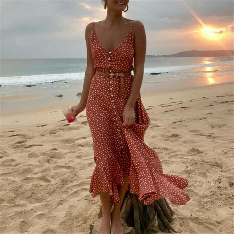 Женское платье в горошек длинное пляжное вечернее макси стиле бохо с v-образным
