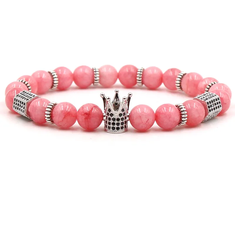 

2021 Trendy 6 Style 8mm Stone bead Bracelets Pave CZ 4 color crown Bracelets Bangles For Women&Men Cassic Jewelry Pulseras Gift