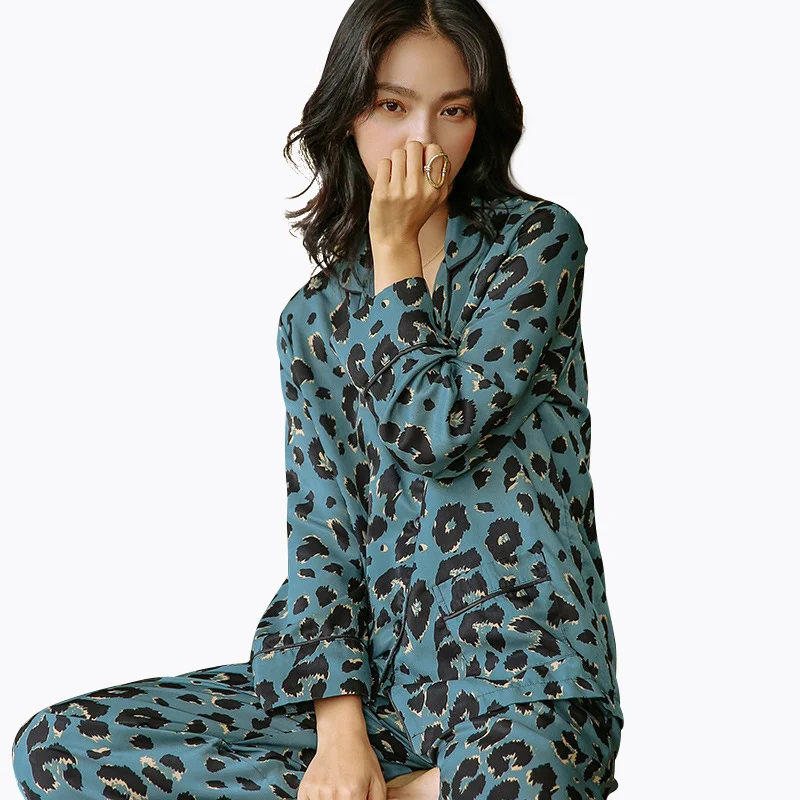 Maison Gabrielle Leopard Printed Silk Pajamas Set Spring Summer Long-Sleeve 2-Piece Women's Loungewear Can Be Wear Outside Suits