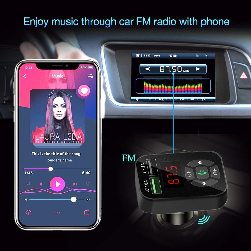 FM Transmitter Aux Modulator Bluetooth Handsfree Car Kit Audio MP3 Player Adapter 4.1A Quick Charge Dual USB Charger | Автомобили и