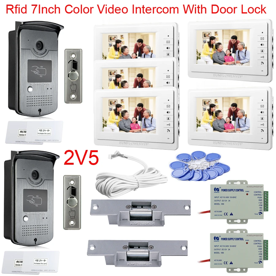Домофон с камерой 2 двери видео домофон Rfid 7 дюймов Цвет 5 мониторов электрическим