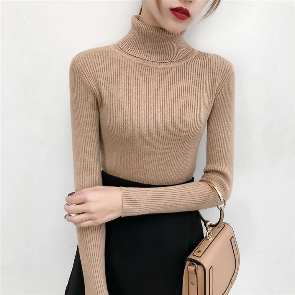 Женский свитер с длинным рукавом базовый вязаный пуловер высоким воротником в