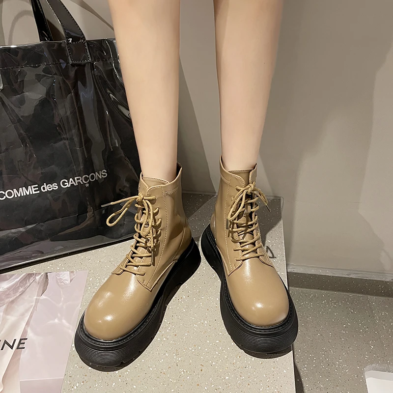 

2021 Ankle Boots Women Boots Chelsea Plush Lining Warm Soft Sole Ladies Round Chunky Lace-up Winter Female Platform boots