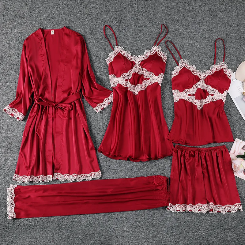 

Spring Autumn 5PCS Pajamas Set Sleepwear Sexy Suspender Satin Pijamas Suit Nightwear Casual Loose Women Bathrobe Home Clothes