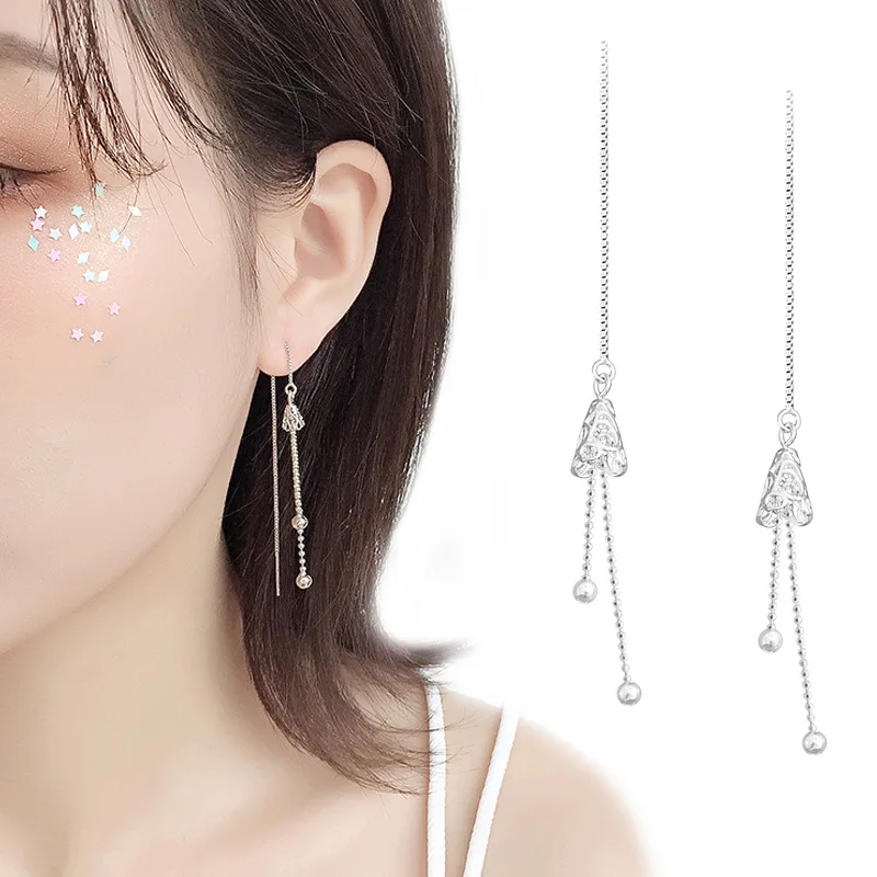 Красивые стильные серебряные круглые длинные серьги с бусинами резные полые