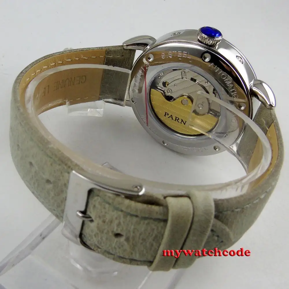 42 мм PARNIS белый циферблат черный 24 часа ST 1690 Автоматический ход мужские часы со