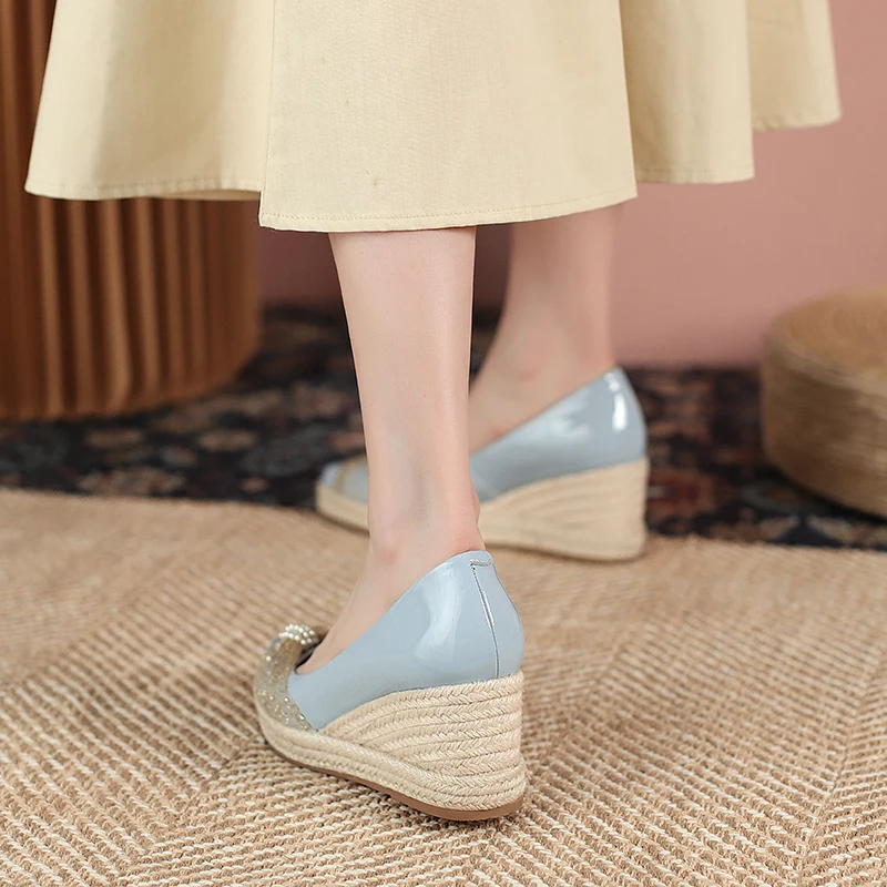 

EGONERY Women Leisure Shoes spring Fashion New Style Genuine Leather Pointed toe Solid color Bowknot String bead decoration