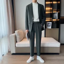 Oimg estilo coreano terno casual duas peças sarja tecido confortável masculino solto terno outono novo terno (3)