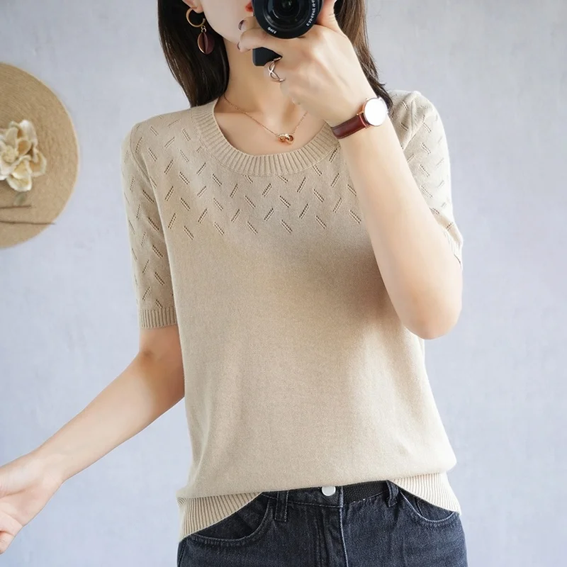 

2021 Summer New Style 100% Pure Cotton Short-sleeved Woman O-neck knitted pullover T-shirt Plus Size Free Shipping