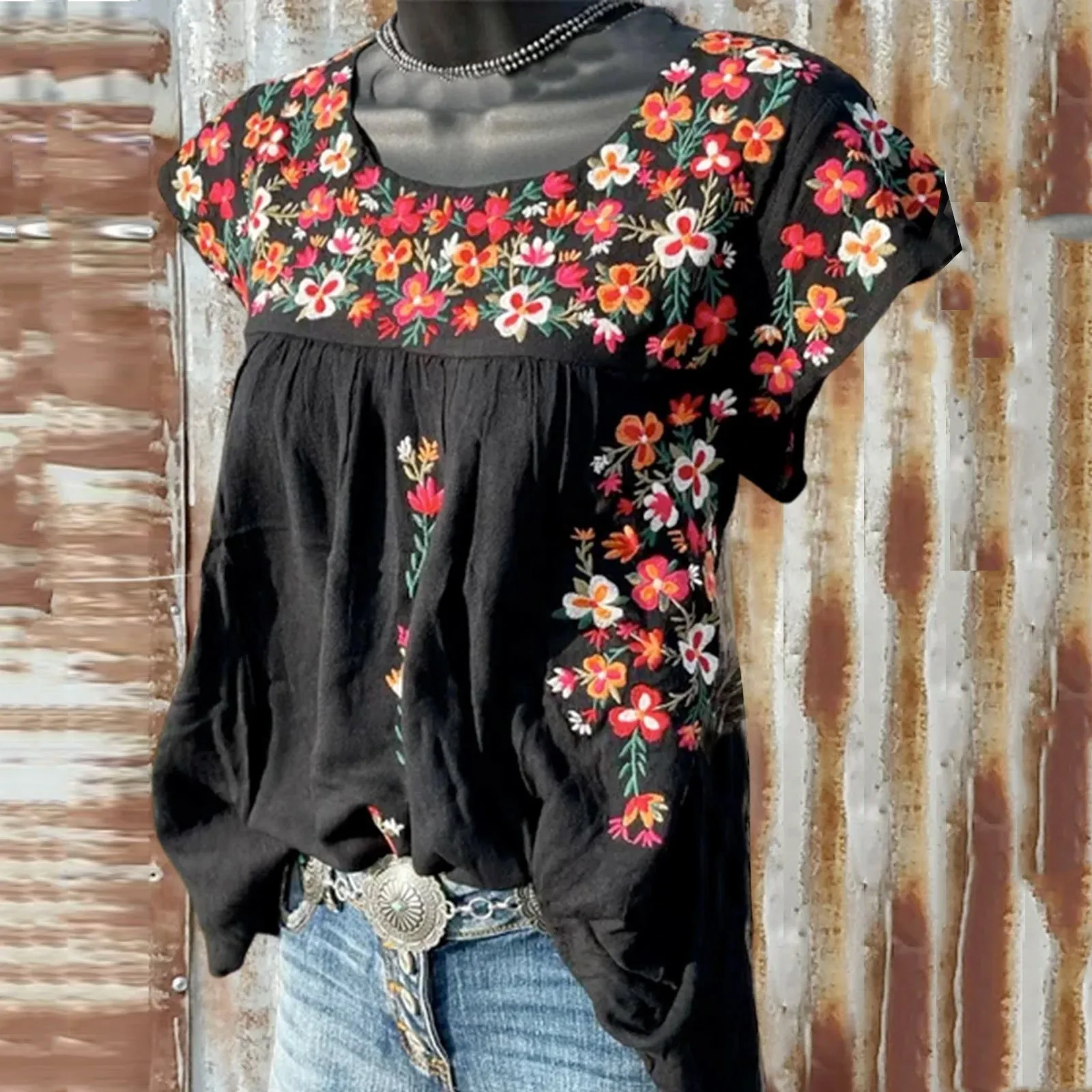 

2021 Женская Повседневная Блузка с цветочным принтом, свободная рубашка с круглым вырезом и коротким рукавом, женские летние блузки, топы, жен...