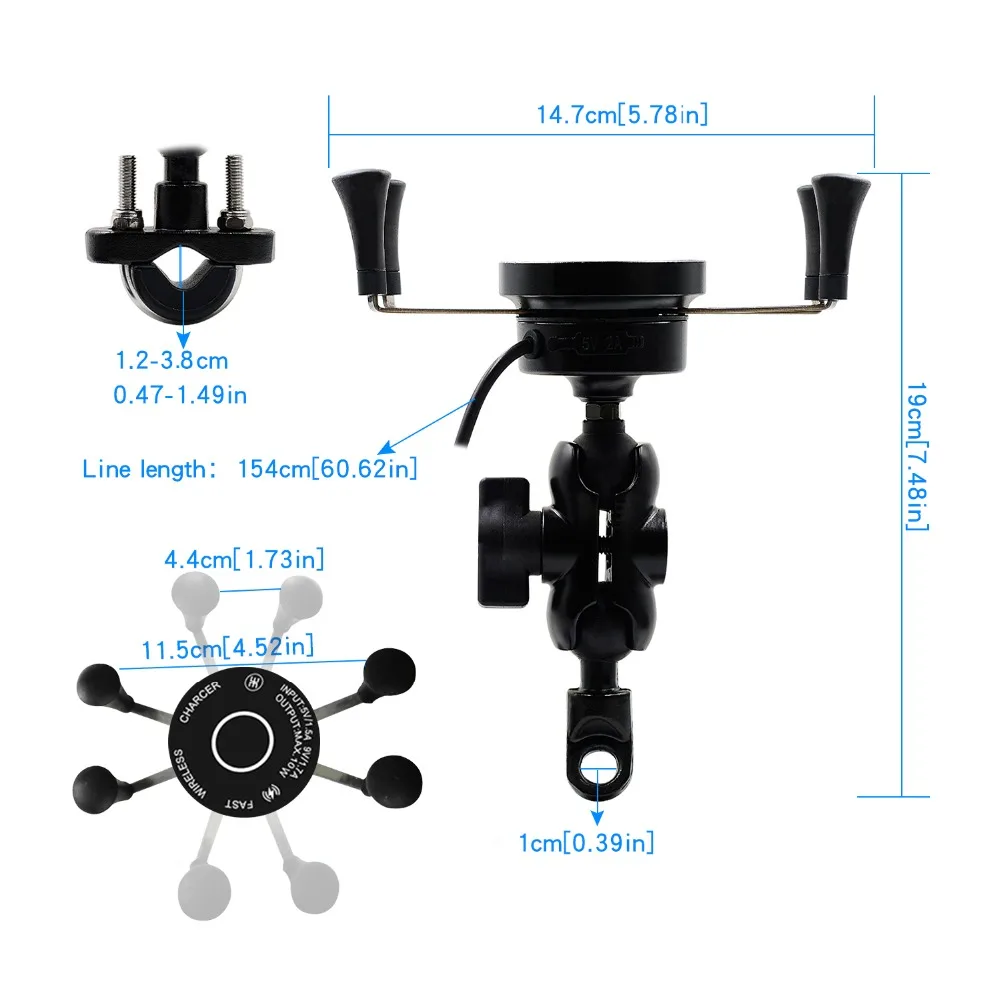 Motorcycle Charger Phone Holder With USB Wireless Wired 2in1 ABS Phone Holder for Motorbike Holder Handlebar Rearview Mount 2in1