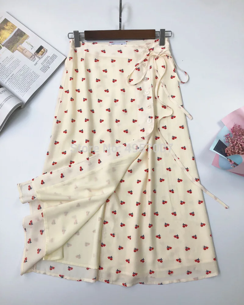 ElfStyle Женская юбка миди из вискозы с принтом вишни и поясом на пуговицах | одежда