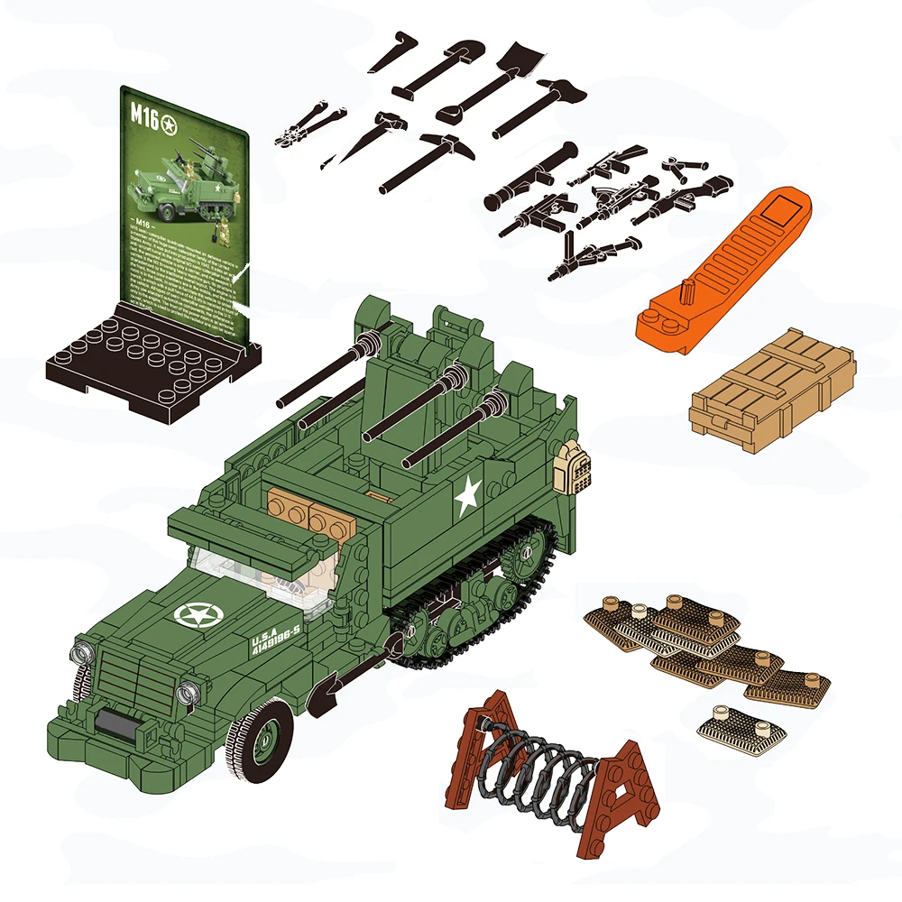 

M16 MGMC US Army Half track WW2 Military Vehicle Tank Panzer Weapon Mini Soldier Figure Model Building Block Brick Children Toys