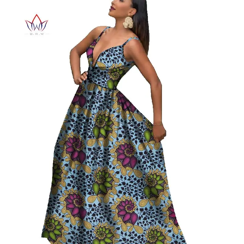 

BRW African Dresses for Women Deep V Sleeveless Long Dress Party Sexy Dress Bazin Riche Plus Size African Clothing 6XL WY799