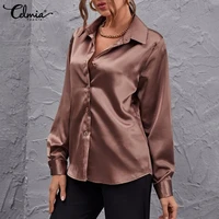 celmia women oversize fashion blouse 2021 autumn casual loose long sleeve satin silk shirts elegant solid color lapel party tops