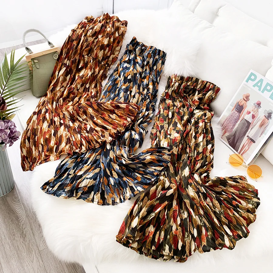 HLBCBG Корейская плиссированная юбка с принтом листьев для женщин 2020 весна лето