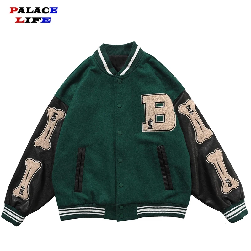 

Hip Hop Furry Bone Patchwork Color Block Jackets Mens Harajuku College Style Bomber Jacket Men Baseball Coats 3 color