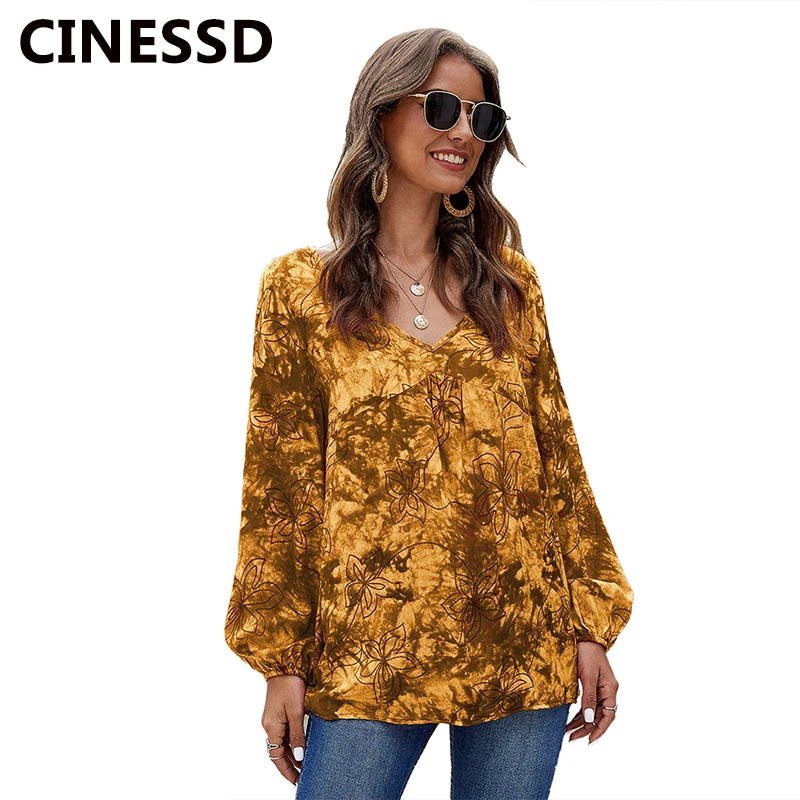 Женские блузки с v-образным вырезом CINESSD синие повседневные длинными рукавами и