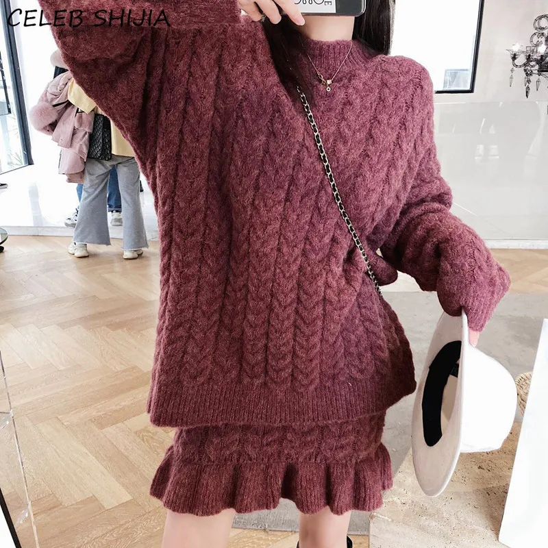 

Thicken Sweater Sets Women Criss-Cross Sweater + Skirts Autumn Winter 2021 Vintage Fashion New Long Sleeve Loose Knitted 2 Piece