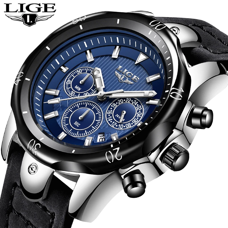 LIGE Новые мужские Роскошные брендовые часы кожаные военные спортивные кварцевые